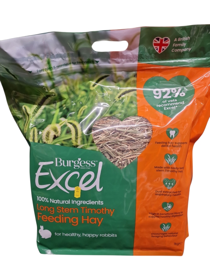 Burgess Excel Long Stem Timothy Feeding Hay 1KG High Fibre Natural Feeding Hay for Rabbits