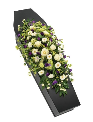 Purple and White Casket Spray.