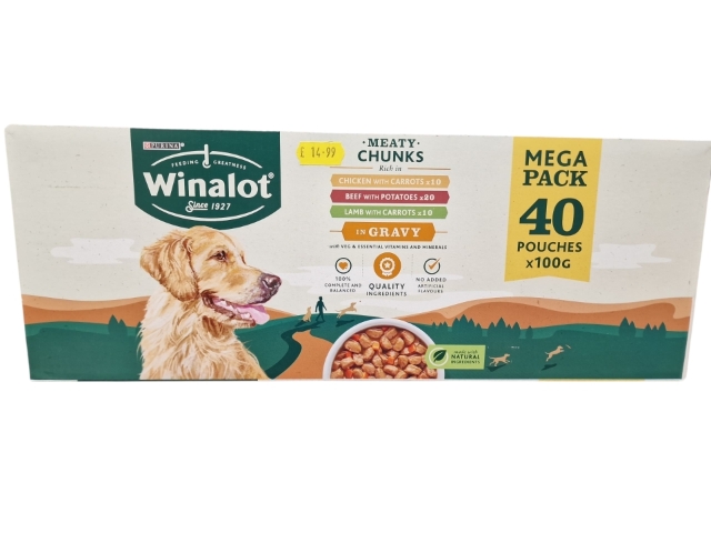 Winalot Meaty Chunks in Gravy Mega Pack 40 x 100g Natural Ingredients Complete Adult Dog Food