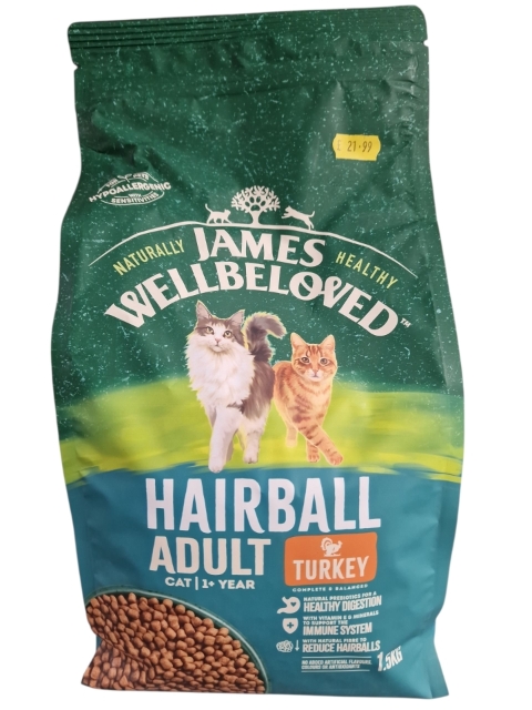 James Wellbeloved Adult Hairball Cat Food Turkey 1.5kg